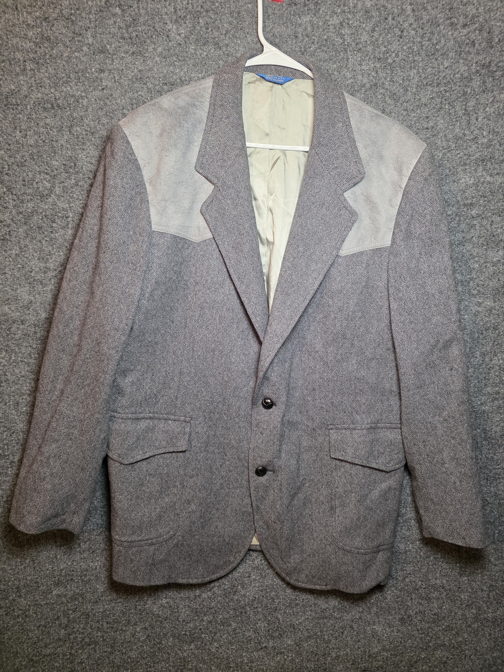 VTG Pendleton Wool Western Blazer 44Long Suede Yoke Elbow Patch Herringbone Gray